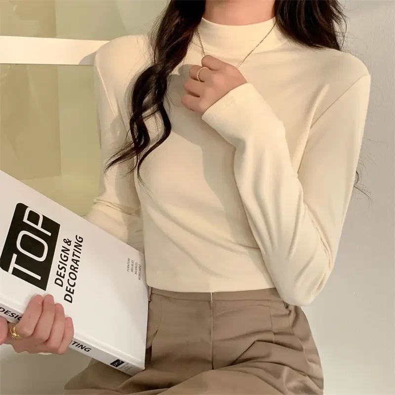 双面磨毛绒打底衫女秋冬新款半高领长袖保暖修身百搭休闲纯色上衣