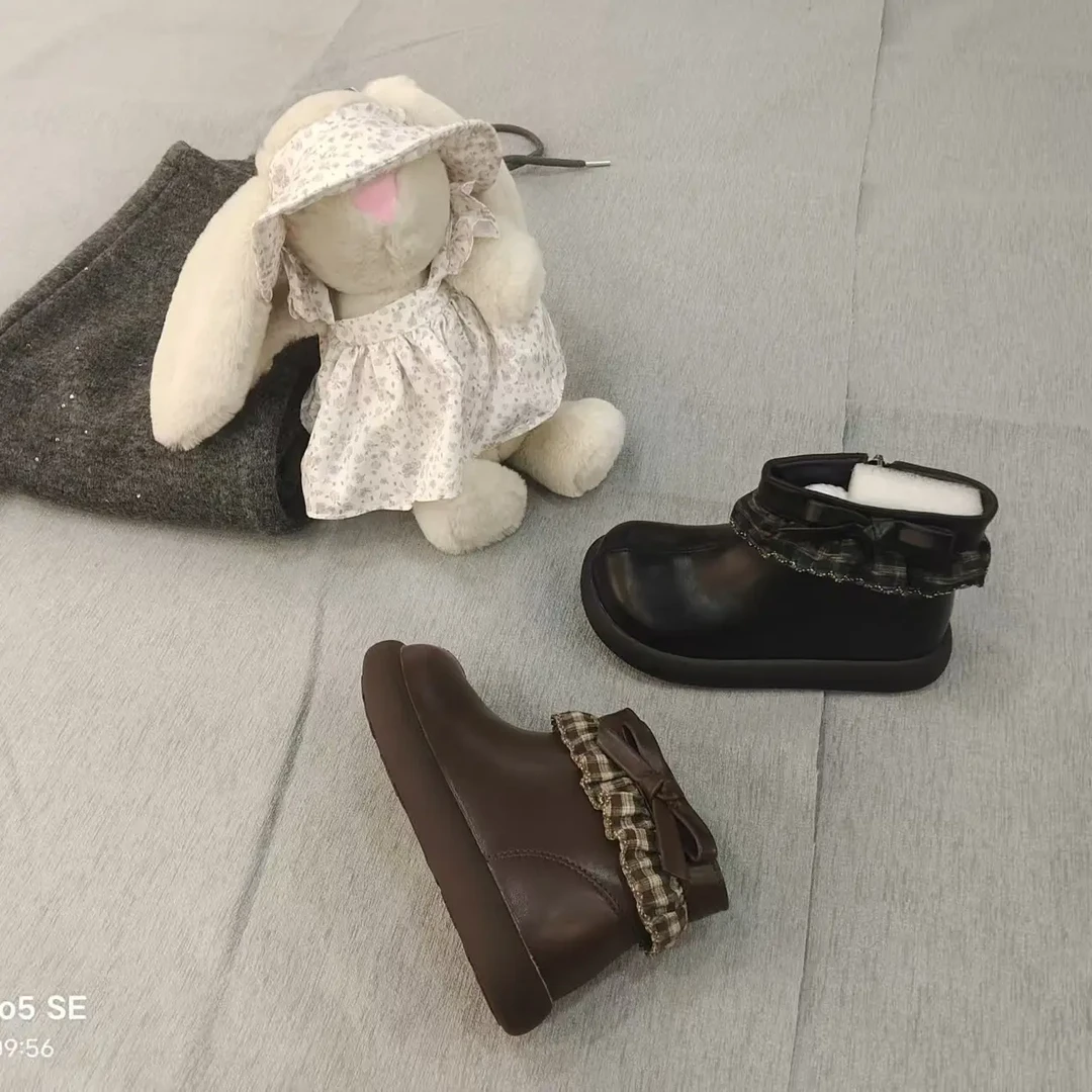 女童短靴鞋口格子加绒秋冬复古时尚百搭