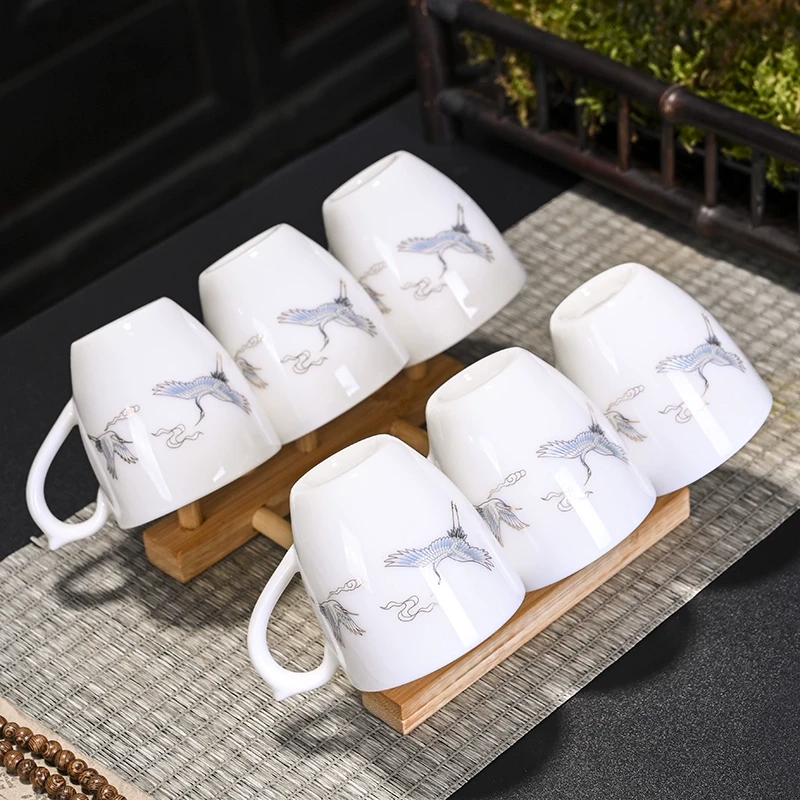 送滤水杯个人架大号高档德化茶杯6只装家用防烫有耳带把茶茶盏