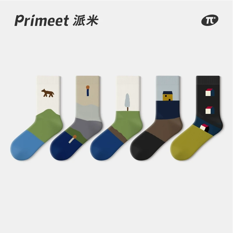 primeet/派米袜子男秋冬款中筒袜卡通插画外穿黑色运动吸汗长袜棉