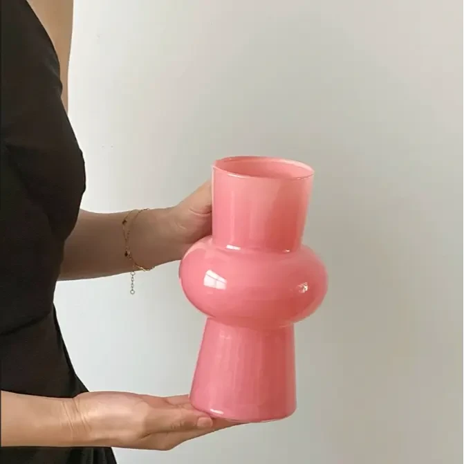 中古花瓶玻璃粉摆件客厅插花轻奢高级感绿色玻璃粉色法式创意琉璃