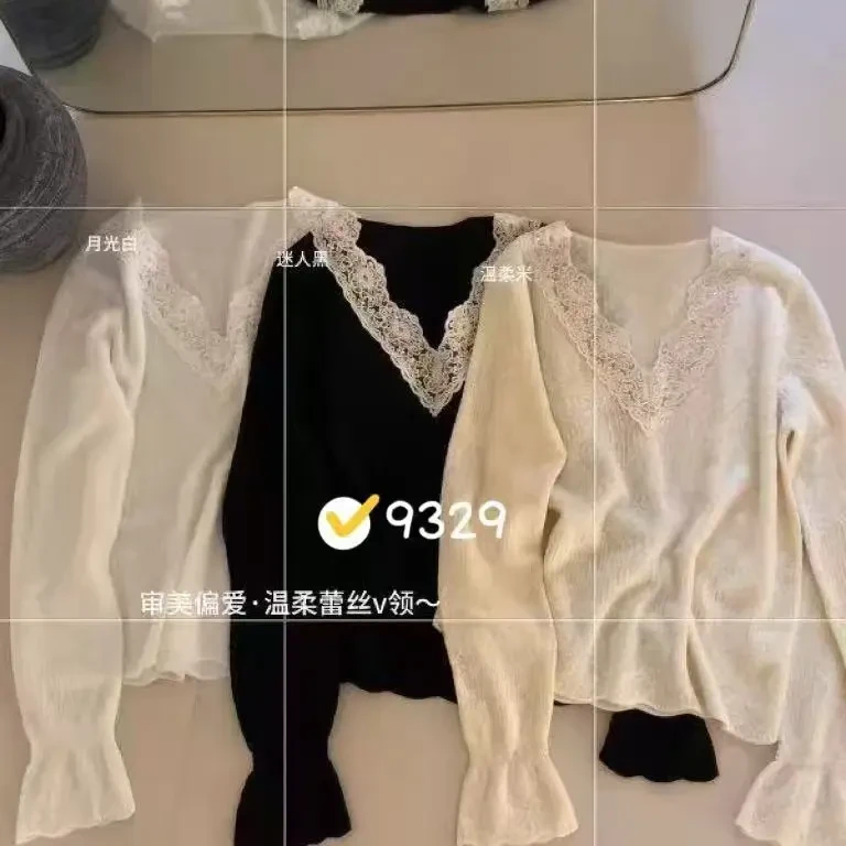 纯色长袖衬衫毛针织衫卡通风法式针织秋冬镂空针织衫