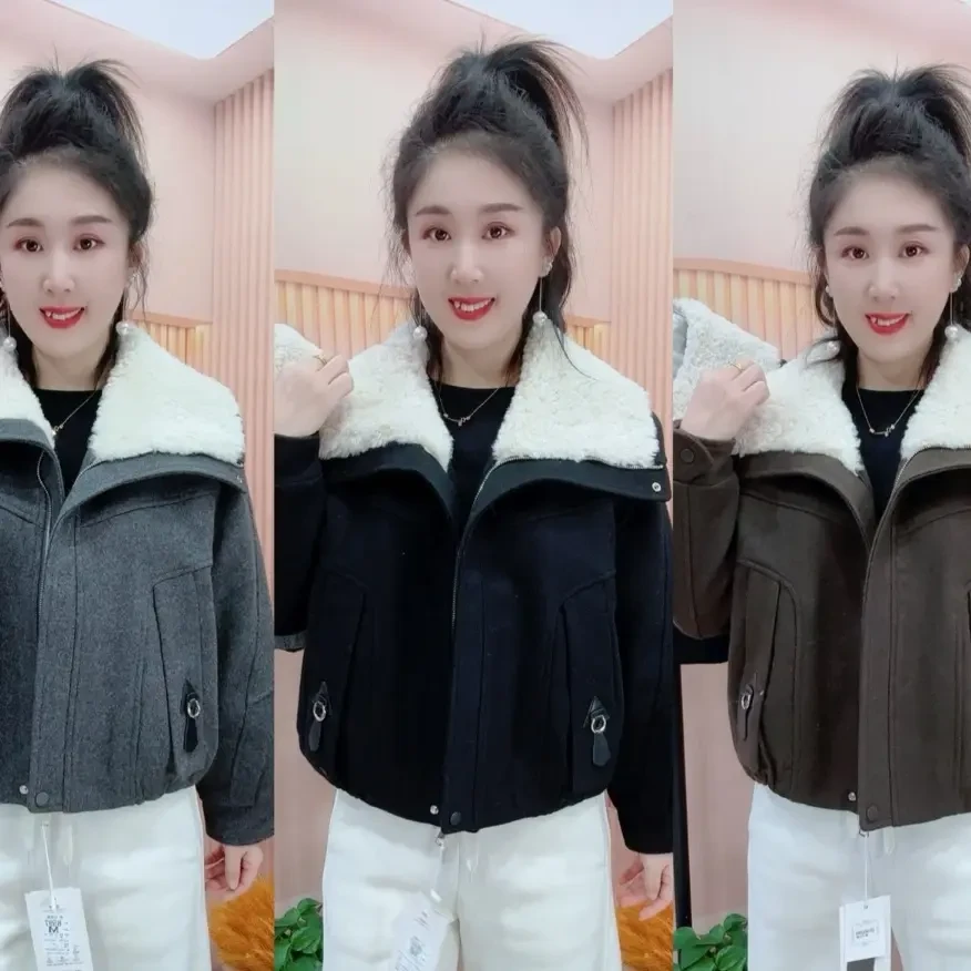 8597毛呢新款时尚短款毛领加棉加厚冬季保暖显瘦女士棉服