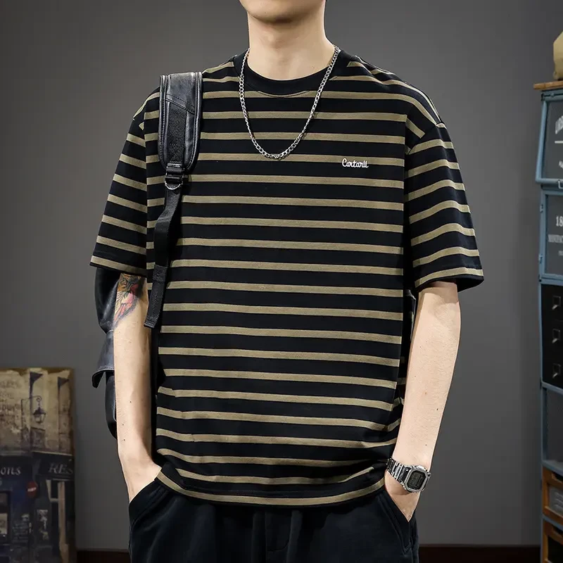 美式潮牌条纹短袖T恤男2025新款夏季宽松半袖体恤纯棉刺绣海魂衫