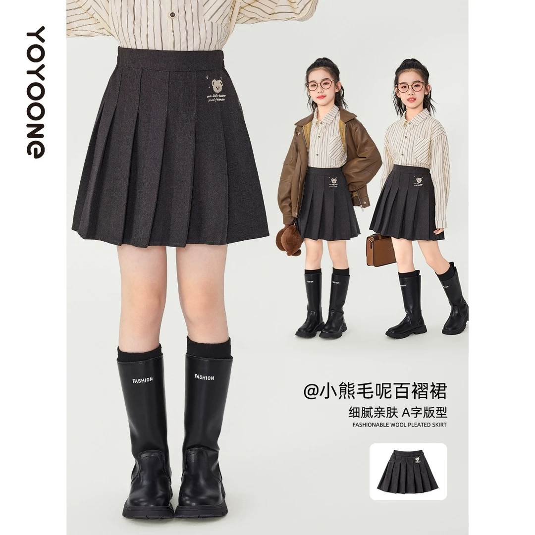 女童毛呢短裙子秋冬2025新款大童半身裙加绒冬装学院风儿童百褶裙