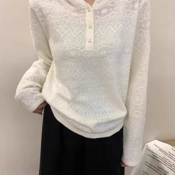 女宽松针织衫女式春秋蕾丝毛衣外套毛针织衫上衣网红长袖