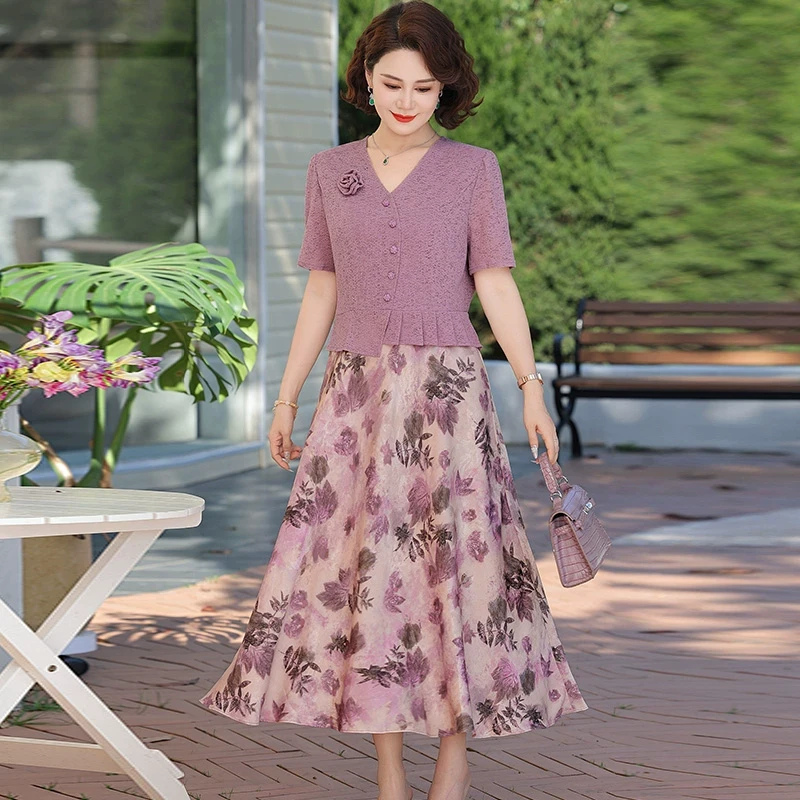 洋气妈妈夏装连衣裙夏款新款短袖气质长裙中年女装时尚中长款裙子