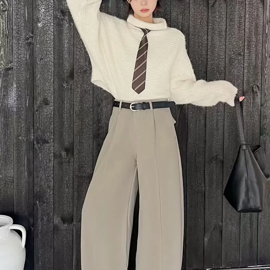 冬季加绒加厚高腰弯刀阔腿休闲裤女宽松显瘦百搭8805