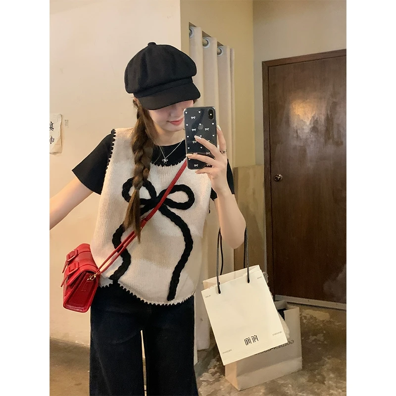 【断舍离】乌77编织蝴蝶结马甲背心圆领短袖针织毛衣两件套女