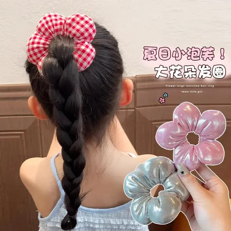儿童格纹花朵发圈女童立体头花扎丸子头发绳小女孩高级扎头发发饰