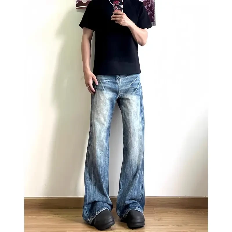 浅蓝闪电纹弯刀牛仔裤男夏季cleanfit显瘦裤子美式高街vibe微喇裤