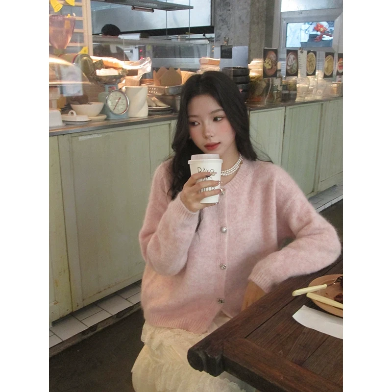 ICELOLLY慵懒风圆领羊驼毛粉色针织衫开衫毛衣外套女秋冬气质上衣