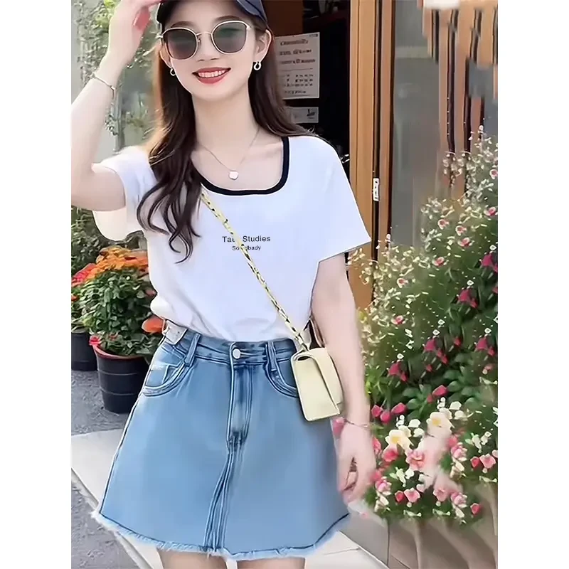 2025新款方领撞色正肩短袖t恤女小众设计感漏锁骨白色上衣夏季潮