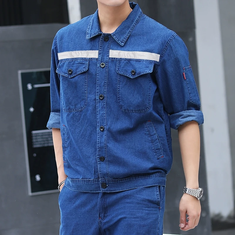 夏季带反光条牛仔工作服套装男薄款长袖电焊工地焊工干活劳保衣服