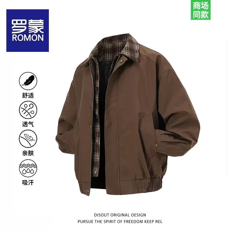 Romon/罗蒙美式复古拼接夹克男生春秋季高级感假两件高街格子外套