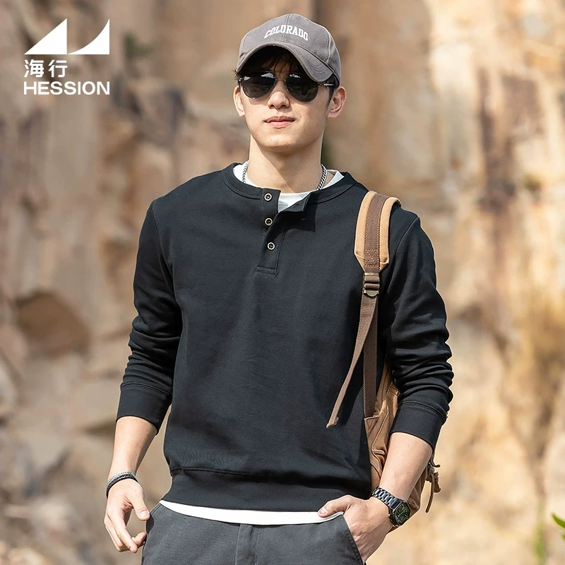 海行户外黑色正肩亨利领卫衣男2025年秋季新款美式复古斜纹打底衫