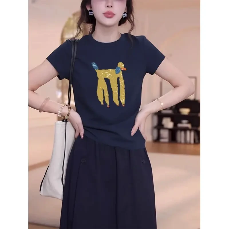 正肩圆领短袖t恤女装小众设计感修身显瘦藏青色上衣2025新款夏季