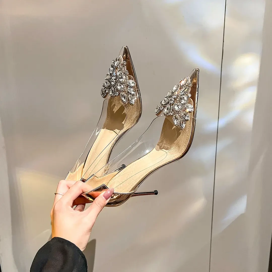 法式名媛2025春季新款尖头透明水钻单鞋女外穿百搭细跟气质高跟鞋