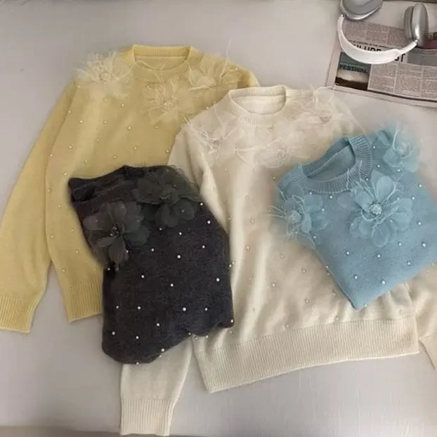 女装时尚百搭圆领立体花朵钉珠韩版宽松秋冬长袖针织毛衣