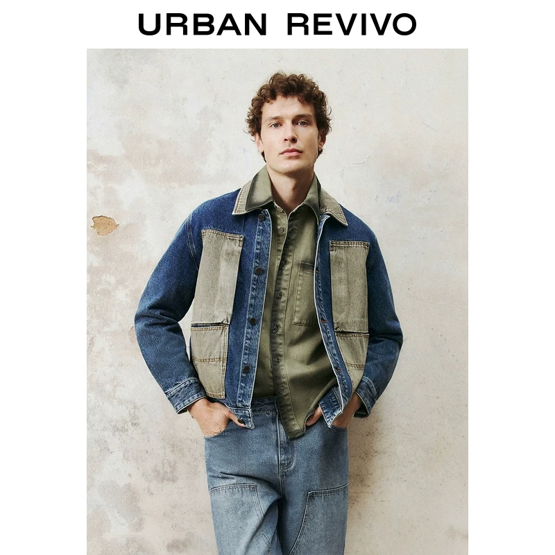 UR2025春季新款男装复古工装撞色拼接贴袋牛仔外套UML850005