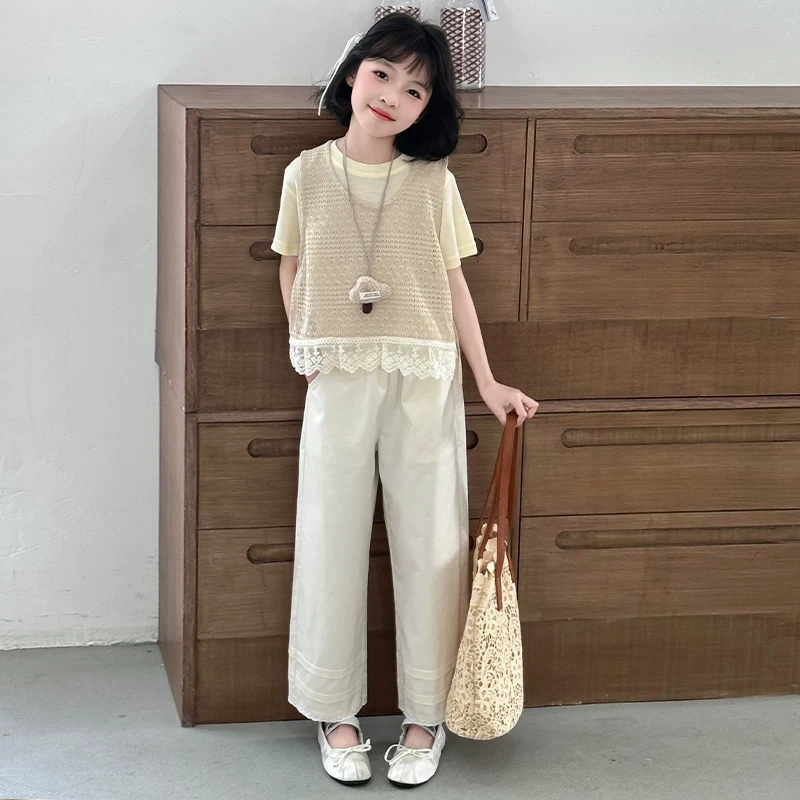 女童夏装马甲套装2025新款洋气儿童韩版背心阔腿裤中大童夏季衣服