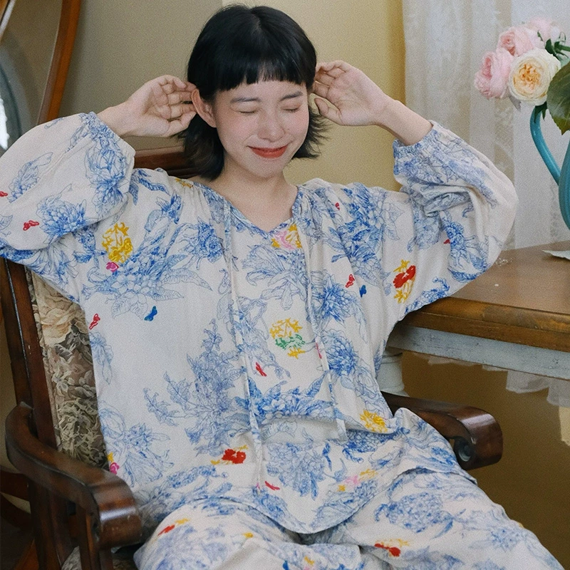 『眠岛』法式纱布睡衣女春秋款纯棉长袖夏季全棉薄款家居服