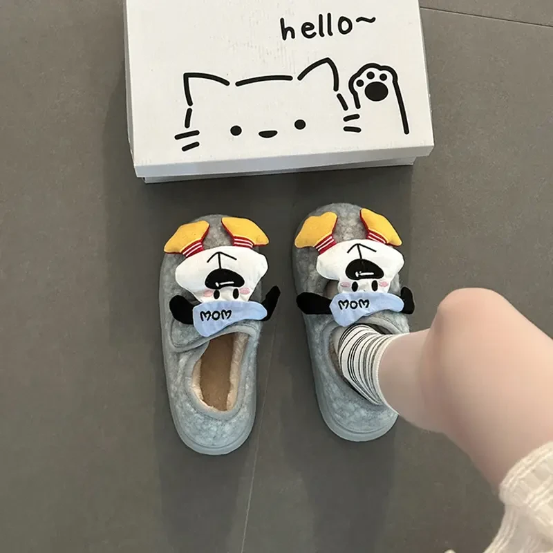 可爱卡通史迪仔魔术贴毛毛鞋女2025冬季新款外穿休闲加绒保暖棉鞋