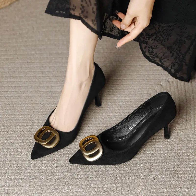法式尖头细跟高跟鞋女2025年春季黑色百搭浅口职业软底气质单鞋女