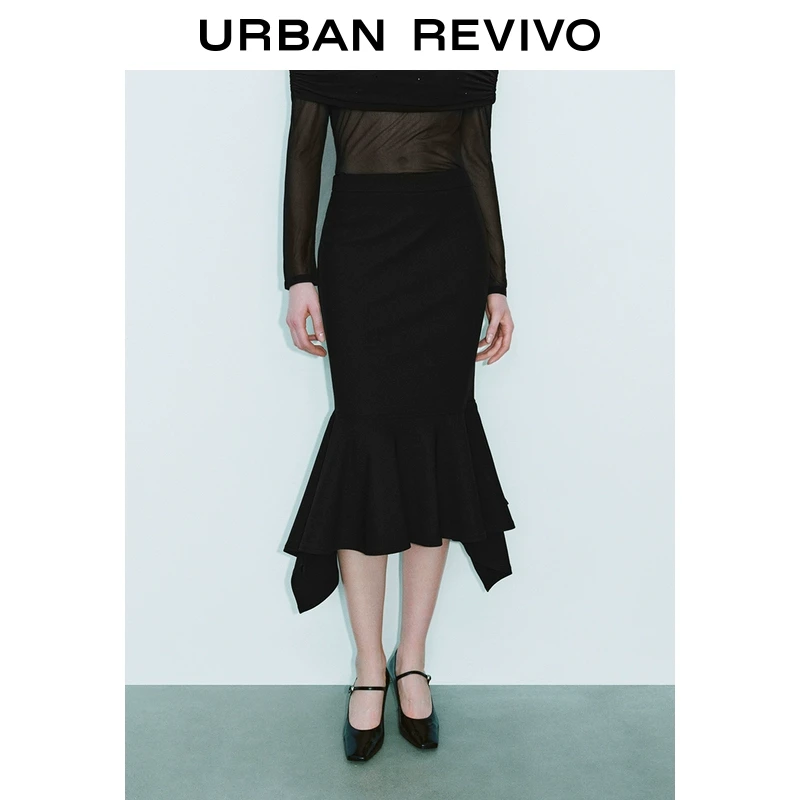 UR2025秋季新款女装摩登通勤不规则荷叶边鱼尾半裙UWG550005