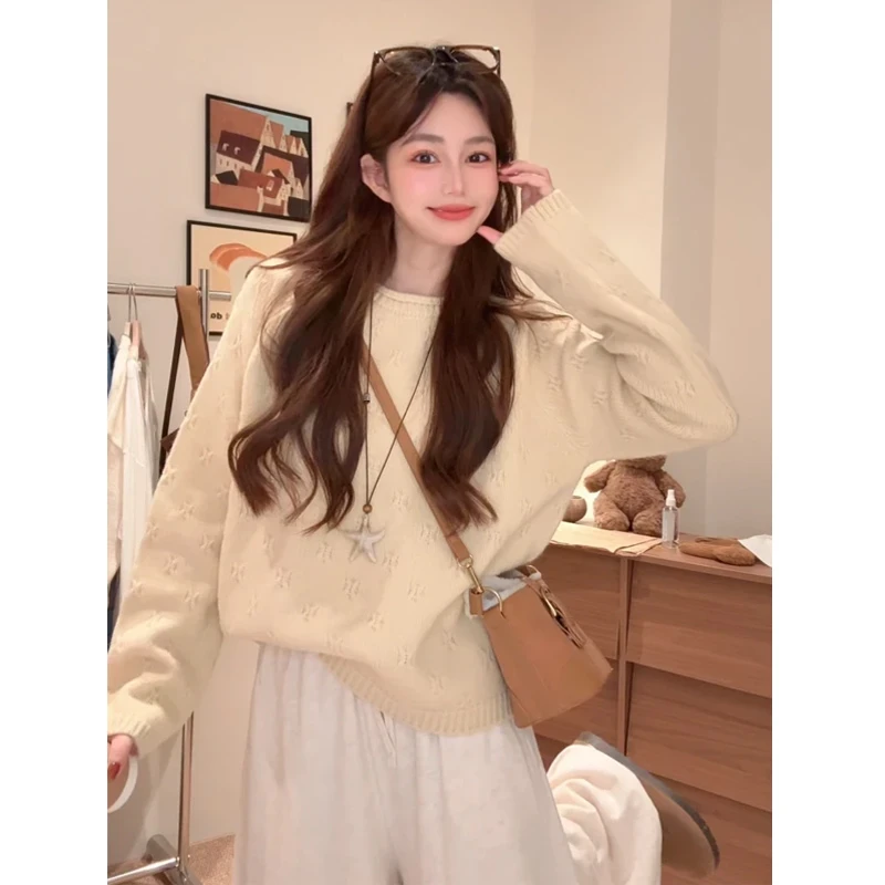 温柔针织奶黄提花圆领套头毛衣女针织衫秋季韩版宽松慵懒毛衣女潮