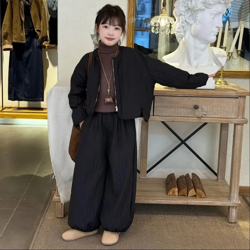 女童棉衣2025冬款洋气百搭圆领棉服外套高腰加绒阔腿裤纯色两件套