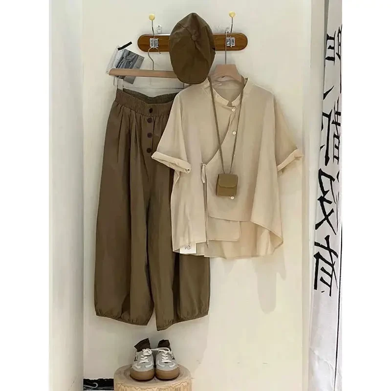 禅意茶服慵懒复古时尚套装2025夏季别致上衣小个子老爹裤两件套女