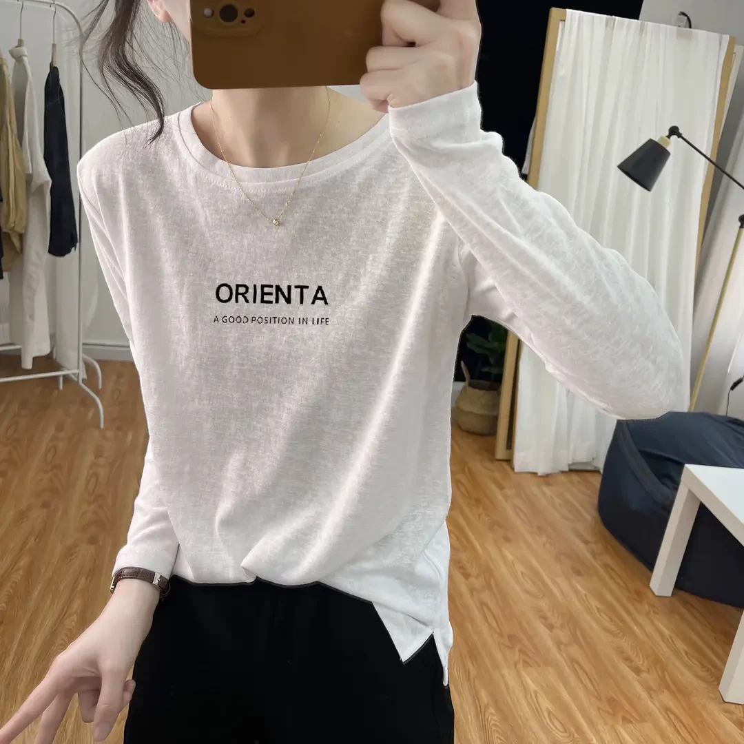 正肩长袖显瘦春秋冬上衣t恤棉内搭女宽松减龄白色打底衫棉麻新款