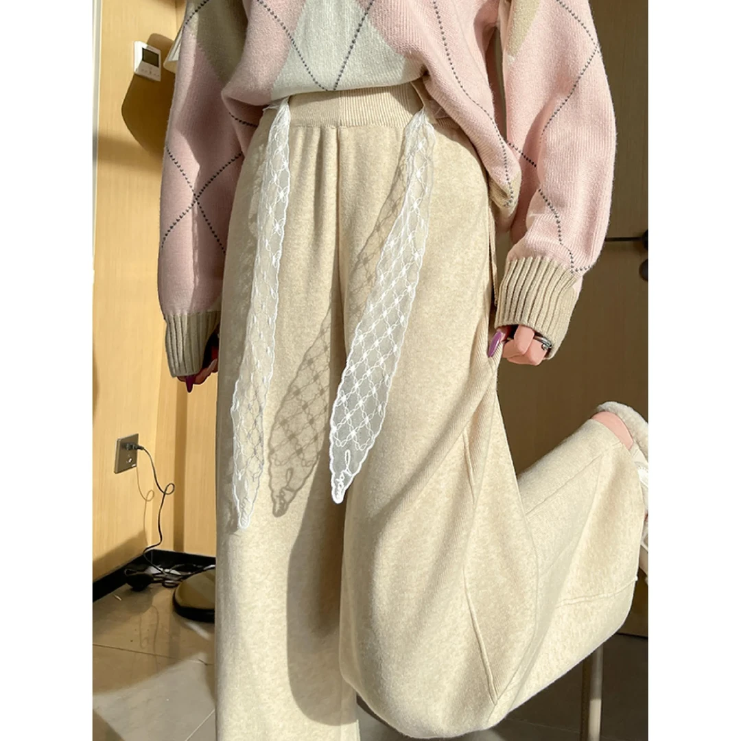 蕾丝腰带软糯针织阔腿裤秋冬小个子高腰显瘦慵懒垂感松弛感休闲裤
