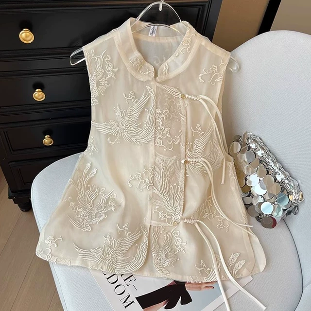 新中式国风刺绣提花盘扣系带立领马甲女夏季唐装蕾丝拼接背心上衣