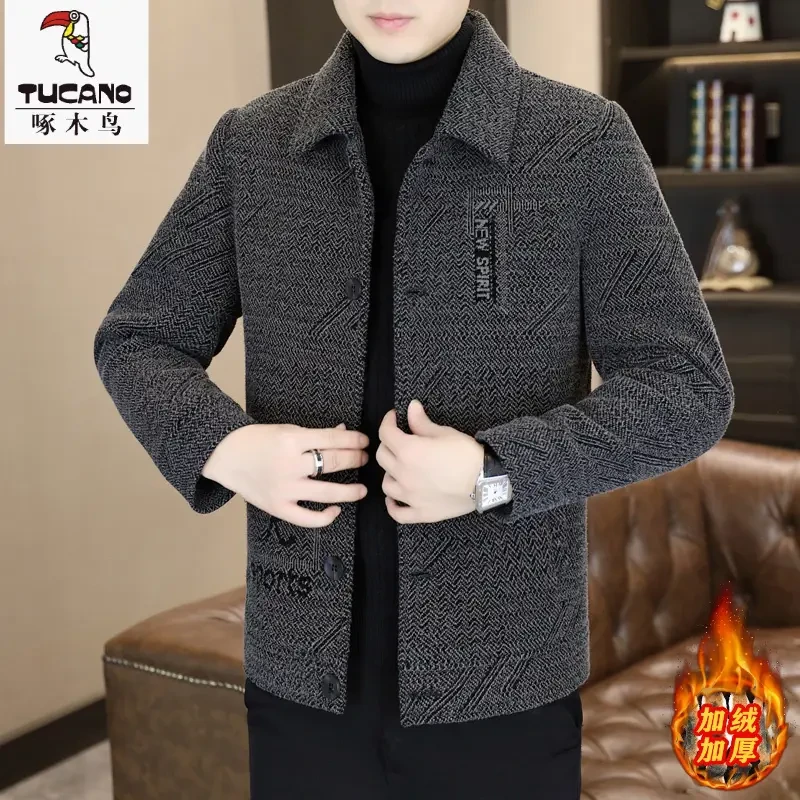 啄木鸟毛呢外套夹克休闲呢子短款高级翻领大衣男士冬季加绒加厚