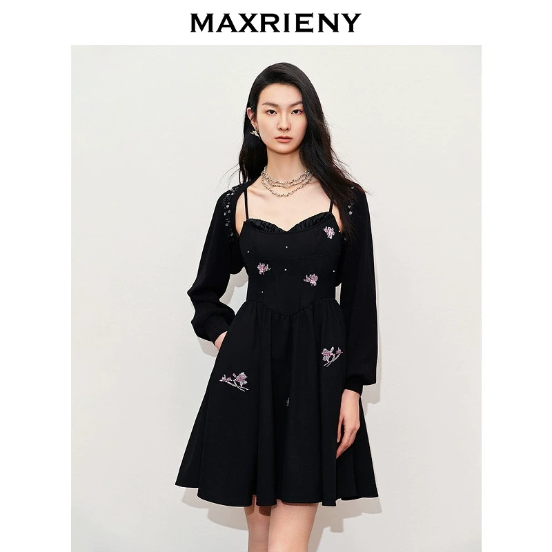 【芊芊专属】MAXRIENY【东方玉兰】Y优雅兰花小黑裙吊带连衣裙