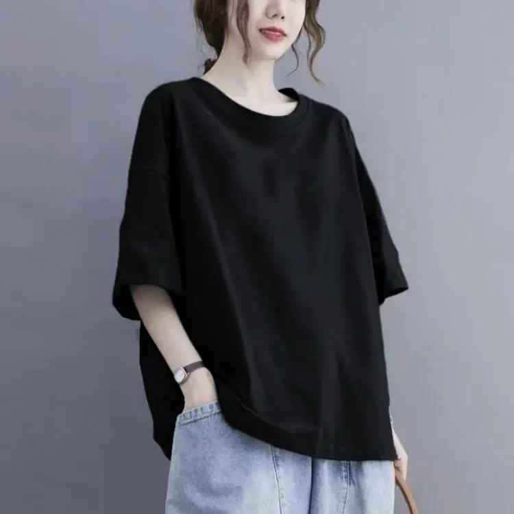 纯色短袖t恤女2025新款夏季宽松大码胖mm200斤黑色纯棉百搭上衣服