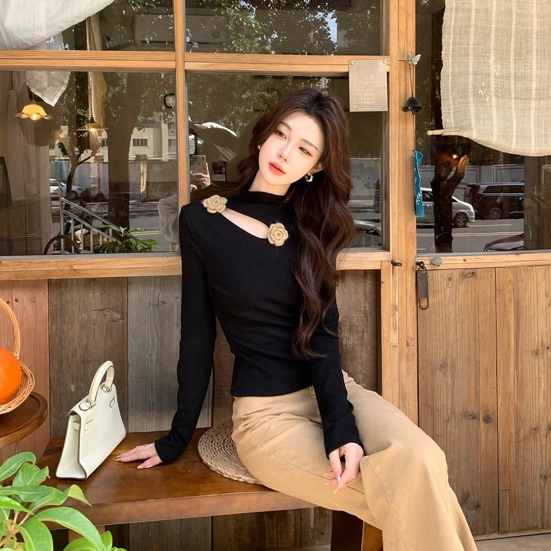 A669设计感半高领镂空长袖修身上衣百搭打底紧身黑色秋冬显瘦秋季