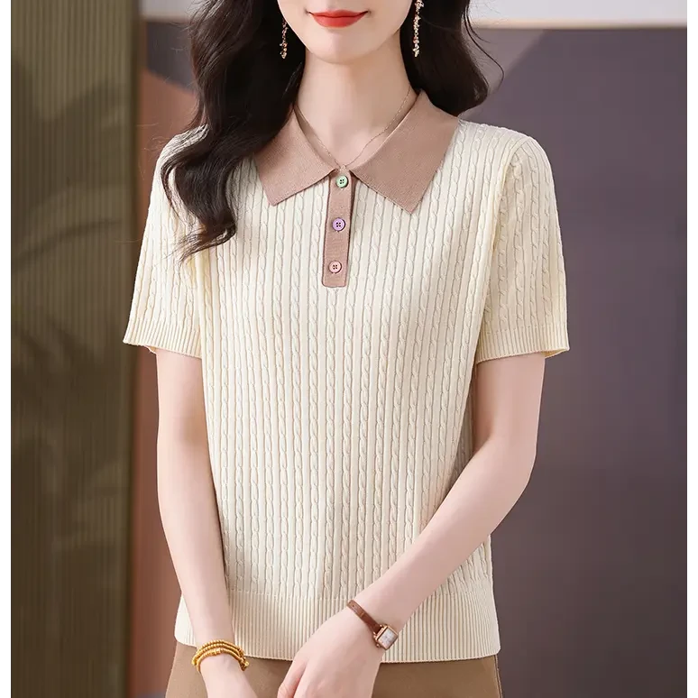 夏季新款简约风格妈妈短袖T恤薄款休闲百搭拼色翻领