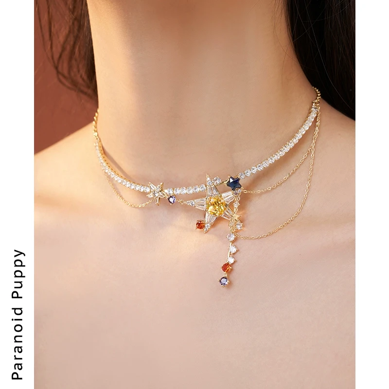 铜合金合成锆石项链 限定!彩色星星金属链条流苏项链女小众choker