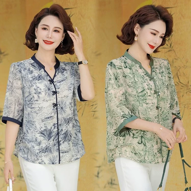 8906妈妈装夏装新款短袖雪纺衫套装母亲节中老年年轻女t恤上衣服