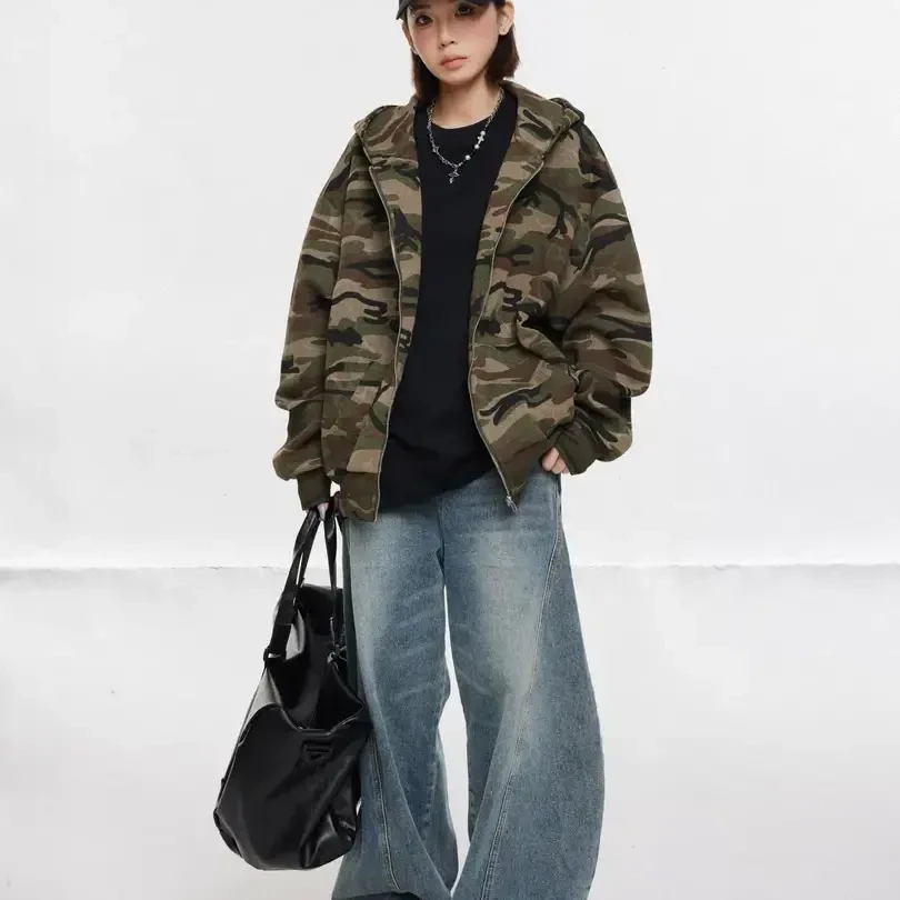 UNOTOBE 美式复古特种兵迷彩街头连帽卫衣拉链开衫外套男女春款