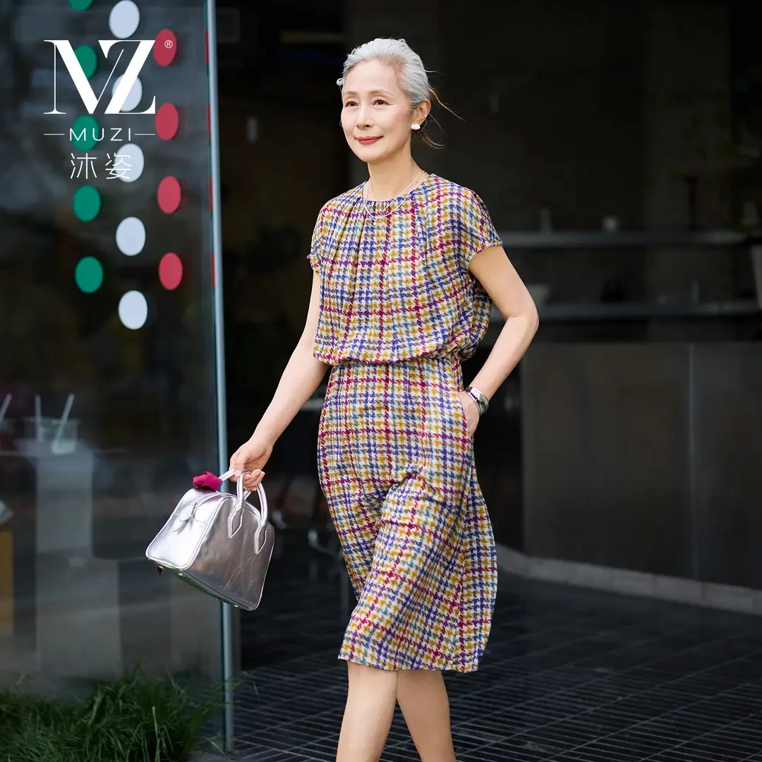 沐姿中年女装夏装薄款短袖连衣裙中老年妈妈装假两件长裙子