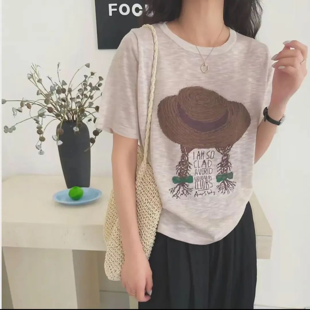 【圆领草帽女孩】薄款竹节麻提花短袖针织衫新款夏季气质显瘦宽松