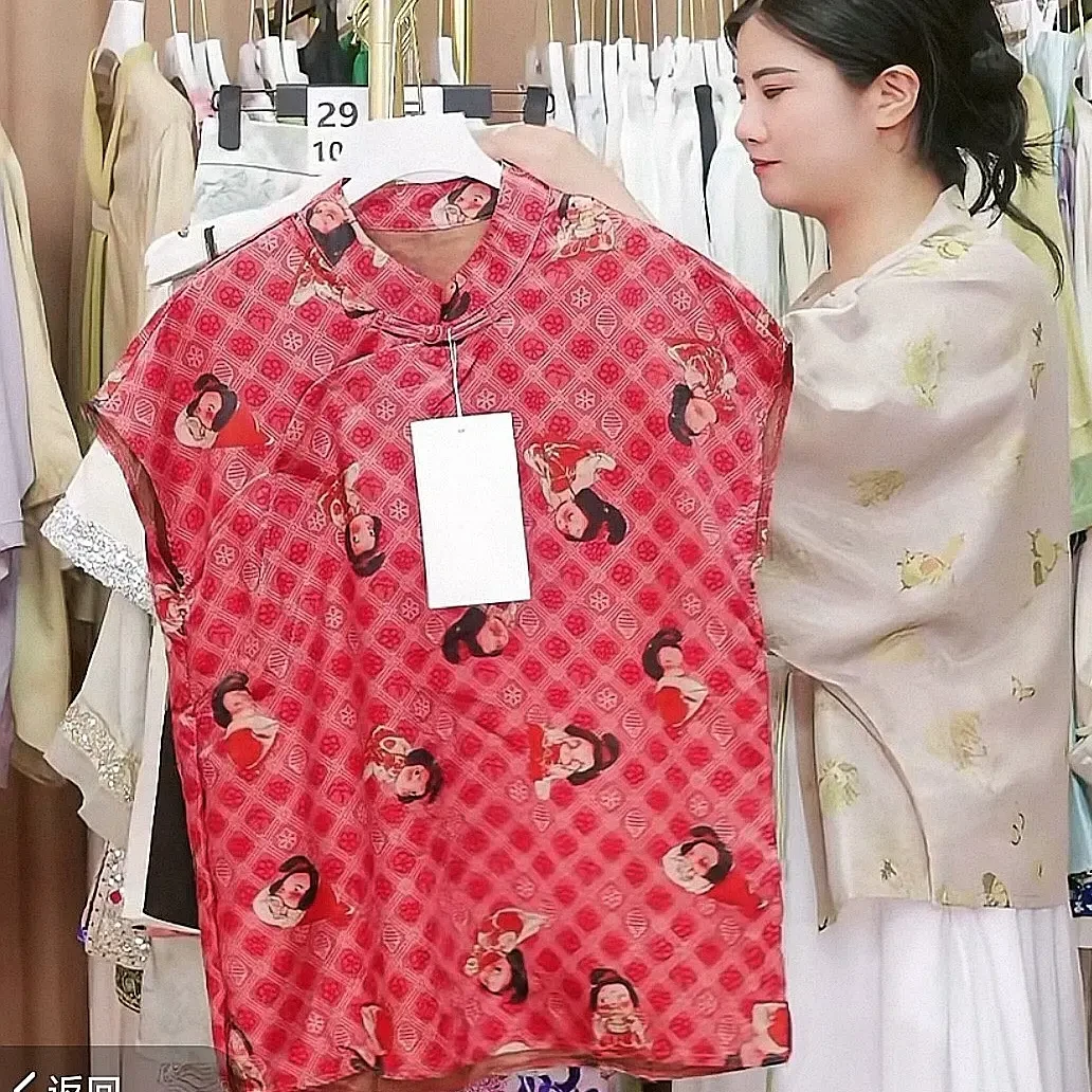 夏季新款新中式国风小唐人印花短袖衬衫女上衣