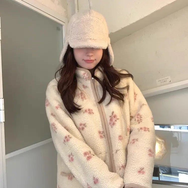 【冬上新】冬日花筏 小立领羊羔毛碎花外套女冬设计感宽松显瘦棉服