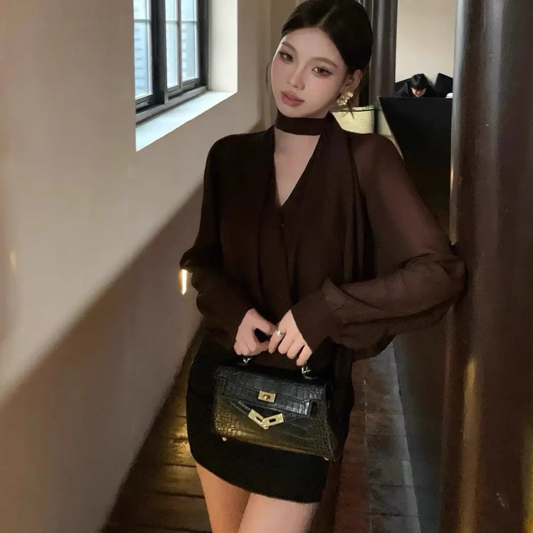 新款高级感韩系别致飘带长袖衬衫女法式气质上衣9823