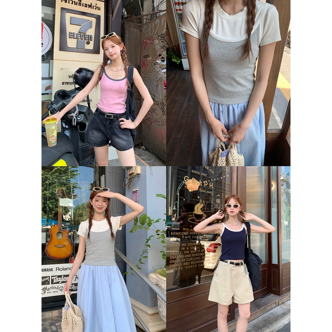 RAINY 基础百搭多色撞边包边吊带背心夏季女纯色修身辣妹单穿上衣