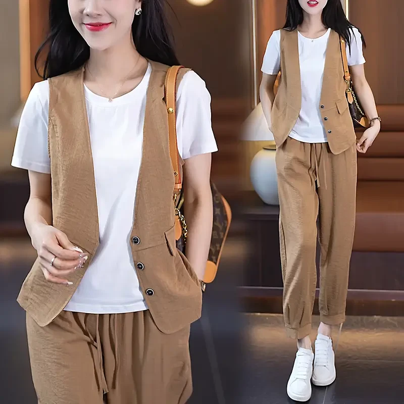 拉夏贝尔时尚休闲套装2025夏季女士短袖T恤马甲背心直筒裤三件套